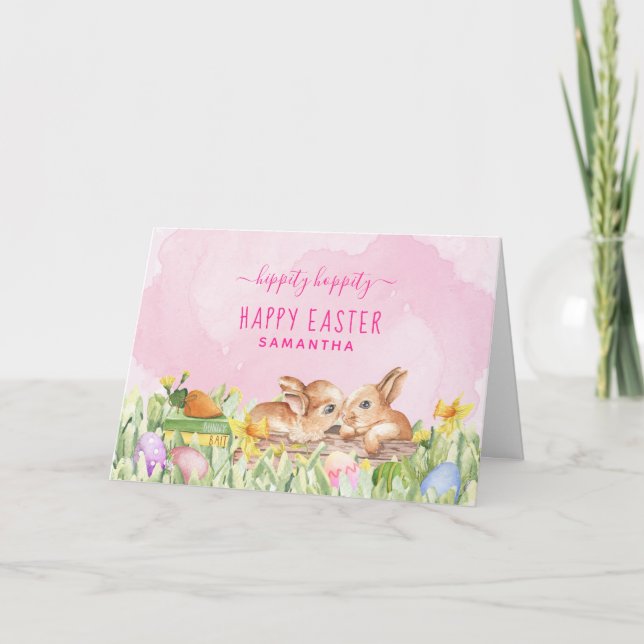 Cartes Pour Fêtes Annuelles Joli Bunnies Aquarelle Rose Pâques (Devant)