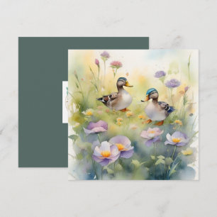 Cartes Pour Fêtes Annuelles Joli canard aquarelle et fleurs sauvages blanc