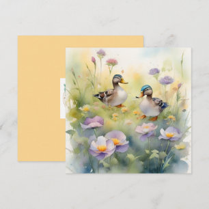 Cartes Pour Fêtes Annuelles Joli canard aquarelle et fleurs sauvages vierge 