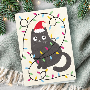 Cartes Pour Fêtes Annuelles Joli chat avec un chapeau de Père Noël et des lumi