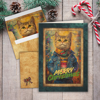 Cartes Pour Fêtes Annuelles Joli Chat Portant une Veste en Denim