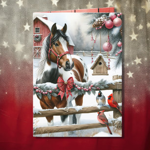 Cartes Pour Fêtes Annuelles Joli Cheval Brown et Blanc Ferme rustique Noël