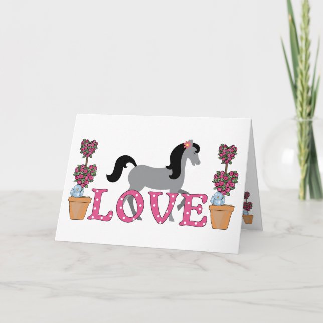 Cartes Pour Fêtes Annuelles Joli Cheval Gris, Fleurs Aiment Saint Valentin (Devant)