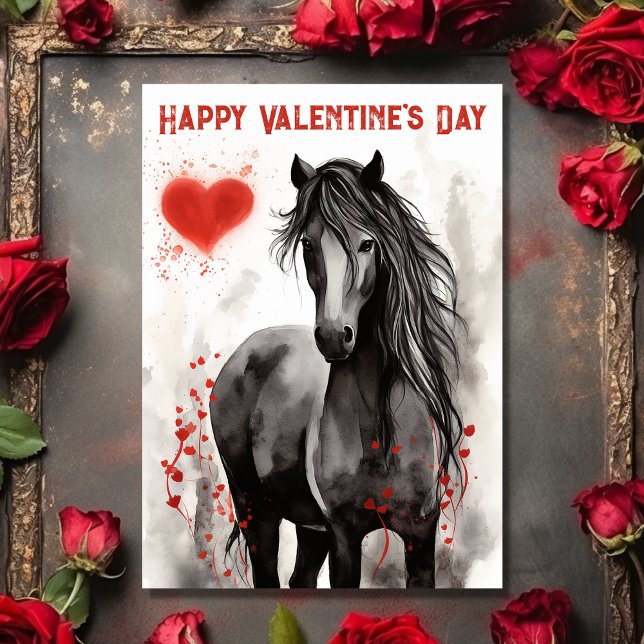 Cartes Pour Fêtes Annuelles Joli Cheval Noir et Coeurs Saint Valentin (Front - Pretty Black Horse and Hearts Valentine's Day Holiday Card)