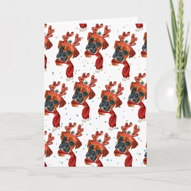 Cartes Pour Fêtes Annuelles Joli chien Boxer avec bois de renne Noël (Devant)