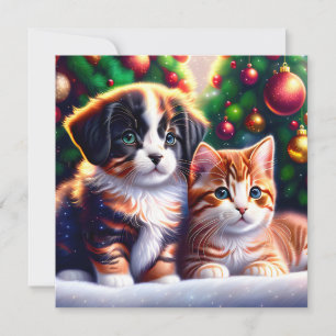 Cartes Pour Fêtes Annuelles Joli chiot et chat sous l'arbre de Noël