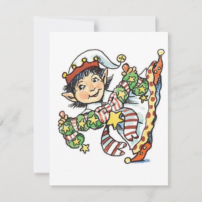 Cartes Pour Fêtes Annuelles Joli Elf Dancing, Caricature rétro de Noël (Devant)