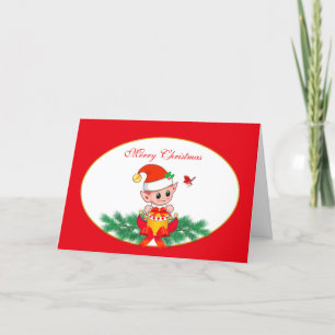 Cartes Pour Fêtes Annuelles Joli elfe de Noël et oiseau sur fond rouge et blan