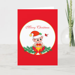Cartes Pour Fêtes Annuelles Joli elfe et oiseau de Noël en rouge et blanc