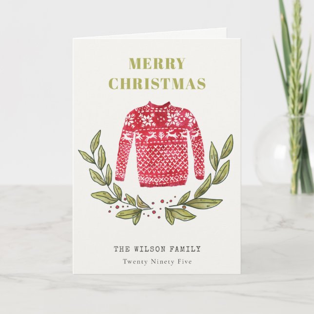 Cartes Pour Fêtes Annuelles Joli feuillage rouge vert moche doux Noël hiver (Devant)