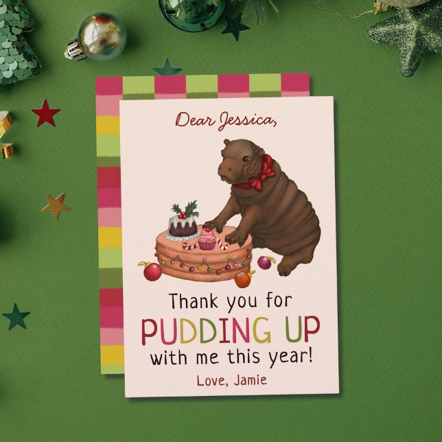 Cartes Pour Fêtes Annuelles Joli Hippo et Pudding drôle Merci de Noël (Créateur téléchargé)