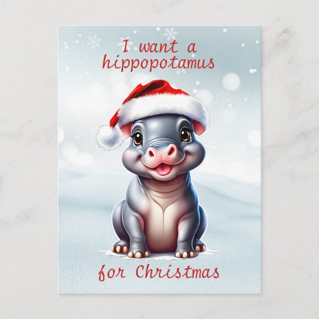 Cartes Pour Fêtes Annuelles Joli Hippopotame Santa Hat Snowy Noël (Devant)