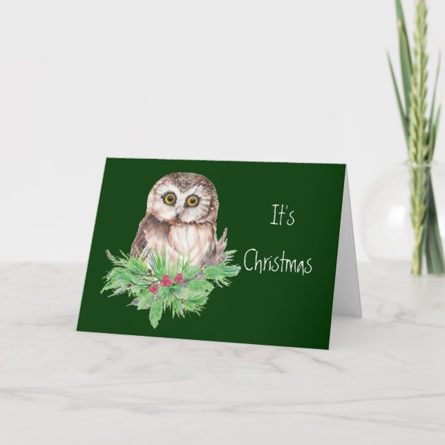 Cartes Pour Fêtes Annuelles Joli Humour de Chouette de Noël, Aquarelle d'oisea (Devant)
