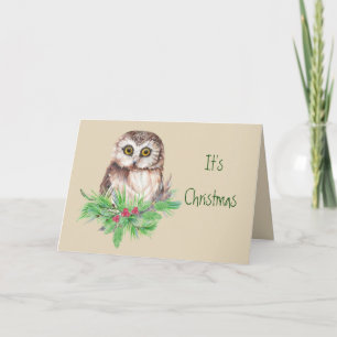 Cartes Pour Fêtes Annuelles Joli Humour de Chouette de Noël, Aquarelle d'oisea