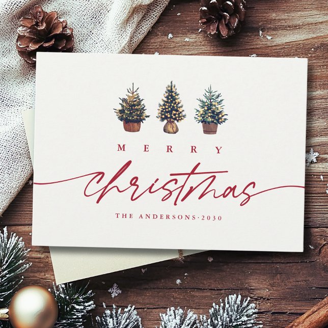 Cartes Pour Fêtes Annuelles Joli Joyeux Noël Aquarelle Arbre rouge Script (Créateur téléchargé)
