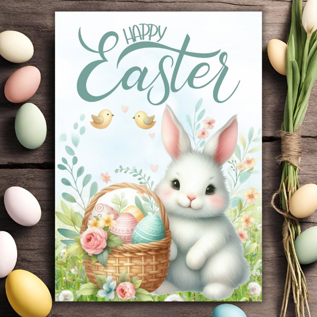 Cartes Pour Fêtes Annuelles Joli Lapin Avec Panier Personnalisé Joyeux Pâques (Cute Bunny With Basket Custom Happy Easter Holiday Card with customizable text.)