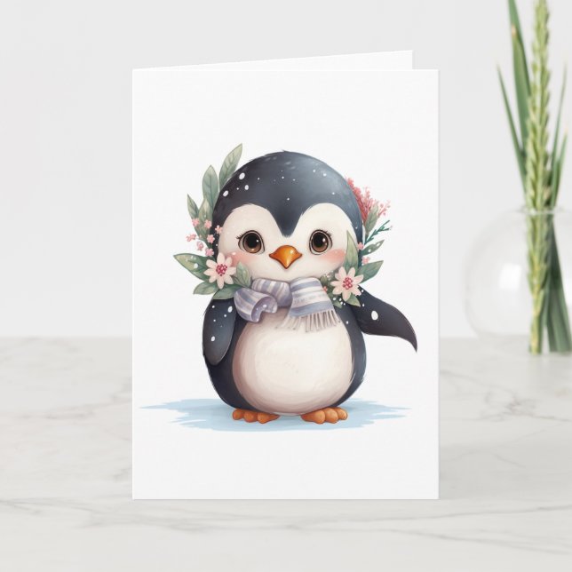 Cartes Pour Fêtes Annuelles Joli manchot avec écharpe et houx VIDE  (Devant)