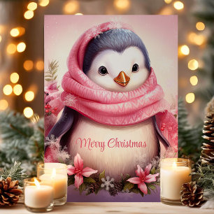 Cartes Pour Fêtes Annuelles Joli manchot avec une écharpe rose pour Noël