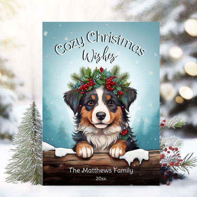 Cartes Pour Fêtes Annuelles Joli Noël cosy Wings Australian Shepherd Dog (Adorable Winter Snowy Scene With Peeking Dogs or Farm/Woodland Animals - Over 50 to Choose From!)