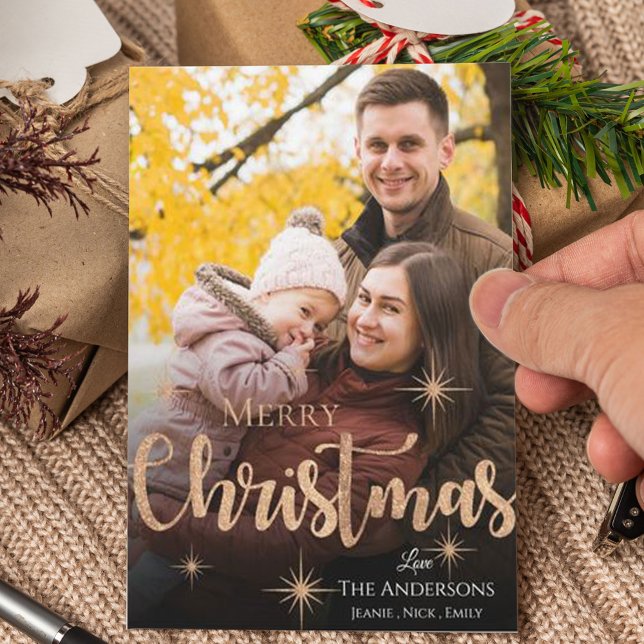 Cartes Pour Fêtes Annuelles Joli Noël Faux Rose Gold Star Photo (Cute Merry Christmas Faux Rose Gold Star Photo Holiday Card)