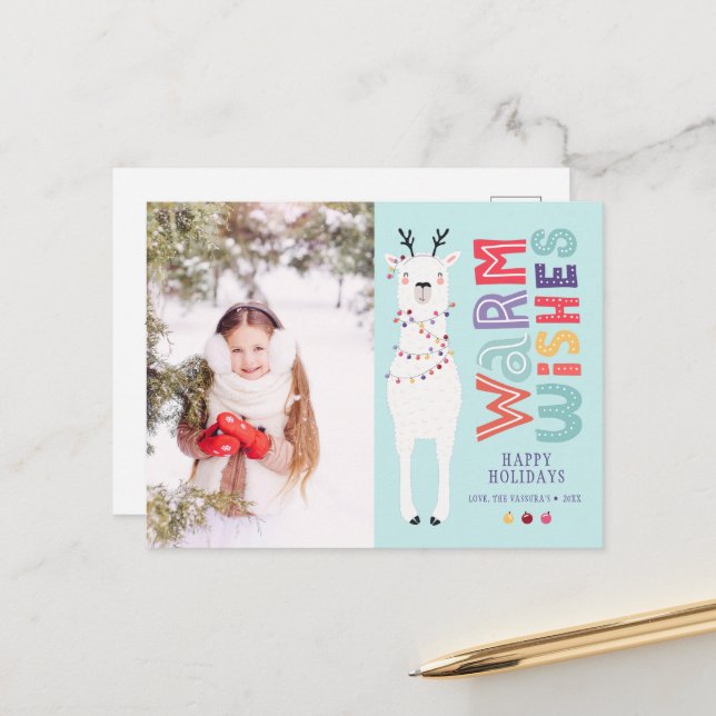 Cartes Pour Fêtes Annuelles Joli Noël moderne Llama String Lumière Photo (Devant/Arrière en situation)