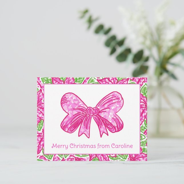 Cartes Pour Fêtes Annuelles Joli Noël Pink & Green Bow (Debout devant)