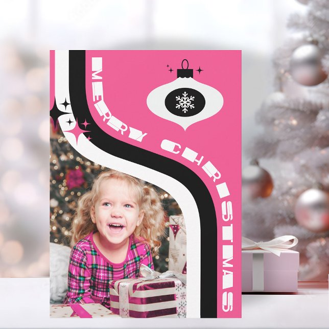 Cartes Pour Fêtes Annuelles Joli Noël Rose Et Noir Retro (custom photo Christmas card retro merry Christmas card pink and black)