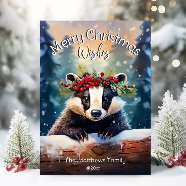 Cartes Pour Fêtes Annuelles Joli Noël Souhaite Forêt de Bois Badger (Adorable Winter Snowy Scene With Peeking Dogs or Farm/Woodland Animals - Over 50 to Choose From!)