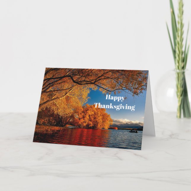 Cartes Pour Fêtes Annuelles Joli Orange Autumn Tree Lake Photo Thanksgiving (Devant)