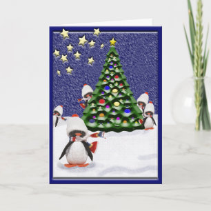 Cartes Pour Fêtes Annuelles Joli Penguin Noël Arbre Scène de neige sur mesure
