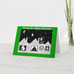 Cartes Pour Fêtes Annuelles Joli père Noël avec sac sur le toit art noir et bl