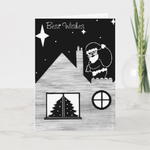 Cartes Pour Fêtes Annuelles Joli père Noël avec sac sur le toit noir et blanc