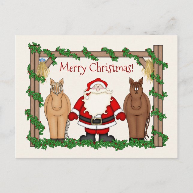 Cartes Pour Fêtes Annuelles Joli Père Noël et Chevaux Joyeux Noël (Devant)
