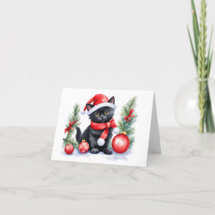 Cartes Pour Fêtes Annuelles Joli petit chat noir de Noël avec des boules de No