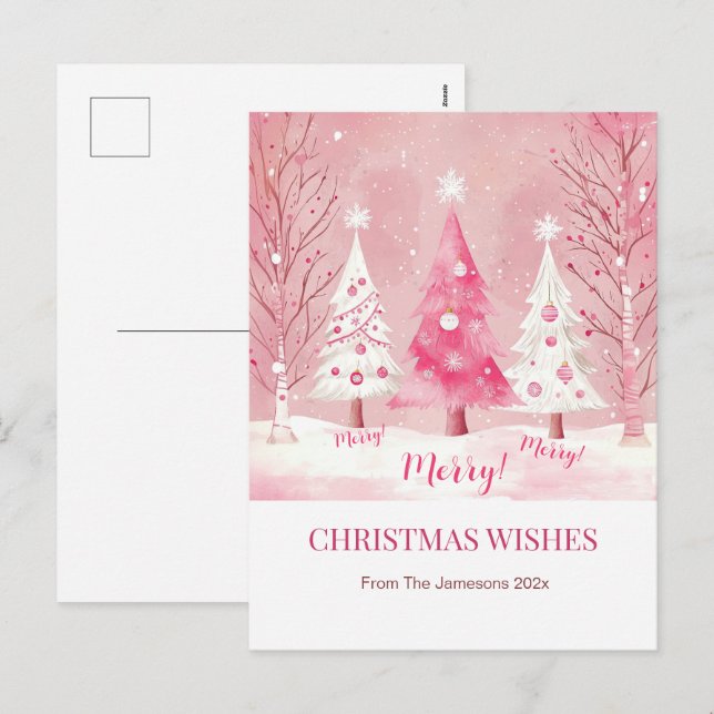 Cartes Pour Fêtes Annuelles Joli Pink Blanc Rétro Noël (Devant / Derrière)
