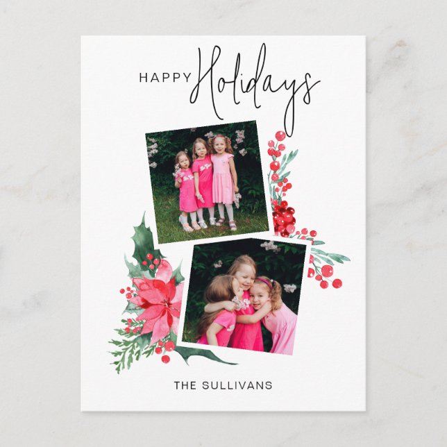 Cartes Pour Fêtes Annuelles Joli Poinsettia rose & Holly 2-Photo (Devant)