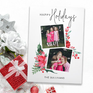 Cartes Pour Fêtes Annuelles Joli Poinsettia rose & Holly 2-Photo