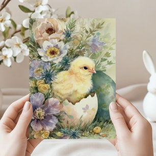 Cartes Pour Fêtes Annuelles Joli poussin de Pâques Fleurs sauvages printanière