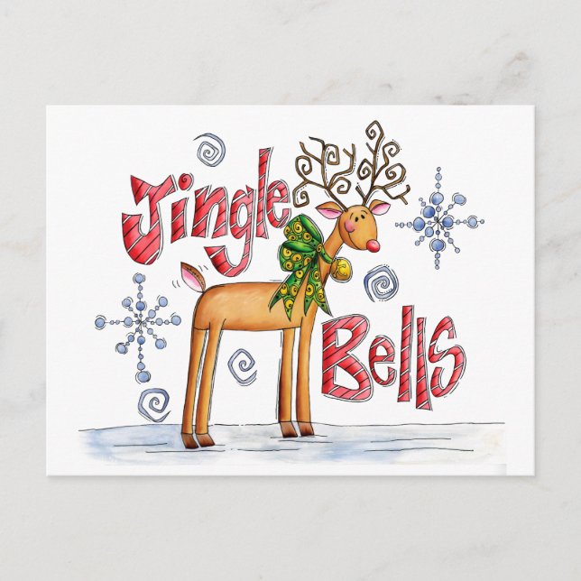 Cartes Pour Fêtes Annuelles Joli renne de Noël, Jingle Bells Snowflakes (Devant)