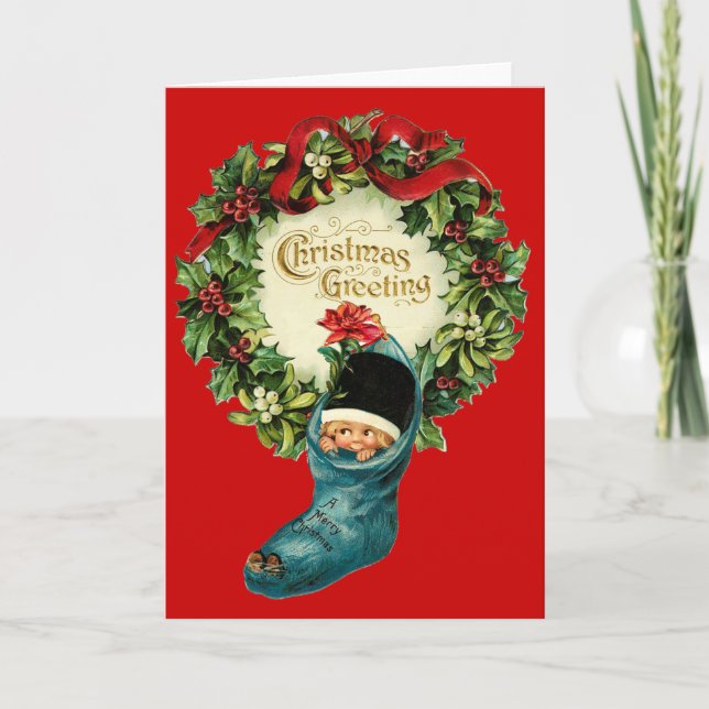 Cartes Pour Fêtes Annuelles Joli réveil de Noël, Petit Enfant, Mistletoes (Devant)