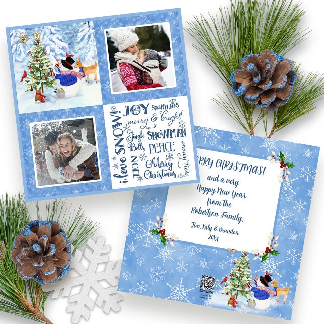 Cartes Pour Fêtes Annuelles Joli Snowman Woodland Neige Noël Famille Photos (Créateur téléchargé)
