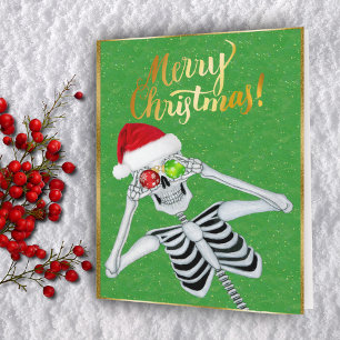 Cartes Pour Fêtes Annuelles Joli Squelette souriant Ornements Santa Hat Green