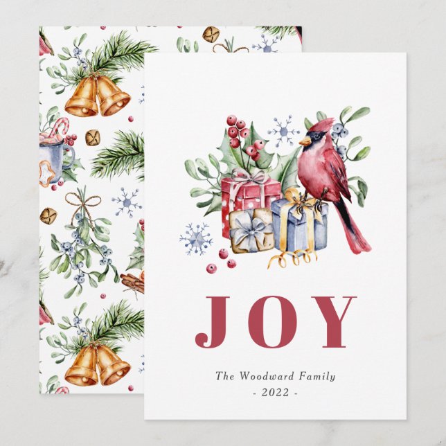 Cartes Pour Fêtes Annuelles Jolie aquarelle Cardinal Bird Noël (Devant / Derrière)