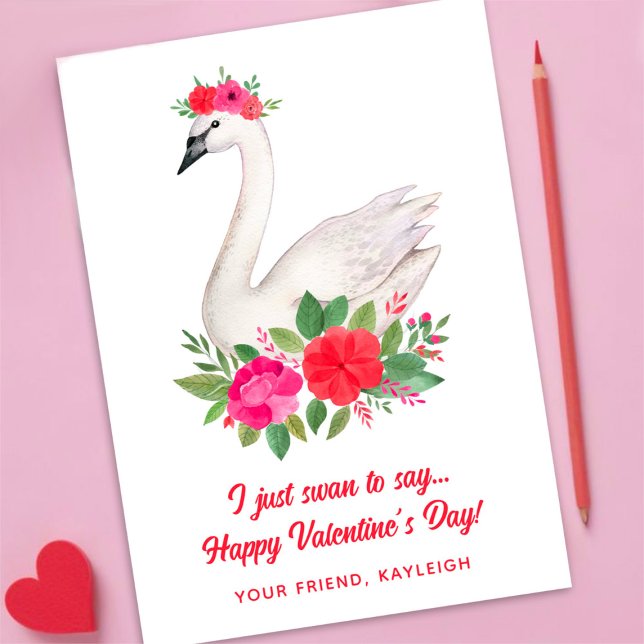 Cartes Pour Fêtes Annuelles Jolie aquarelle Floral Swan Classroom Valentine (Créateur téléchargé)