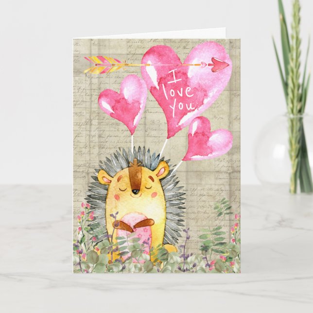 Cartes Pour Fêtes Annuelles Jolie aquarelle Hérisson Joyeux Valentines (Devant)