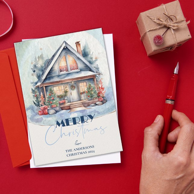 Cartes Pour Fêtes Annuelles Jolie aquarelle Maison de Noël Festive (Elegant Minimalist Multi Photo Merry Christmas Holiday Card)