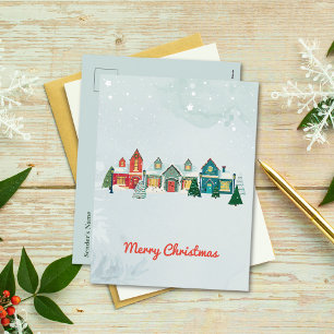 Cartes Pour Fêtes Annuelles Jolie aquarelle Village neigeux Noël