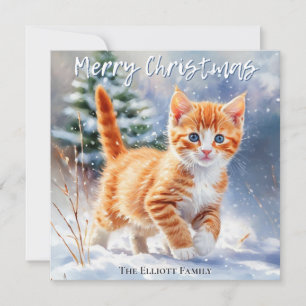 Cartes Pour Fêtes Annuelles Jolie chaton roux aquarelle Noël enneigé