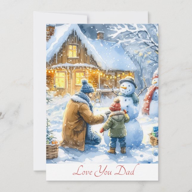 Cartes Pour Fêtes Annuelles Jolie construction père et son Aquarelle de neige (Devant)