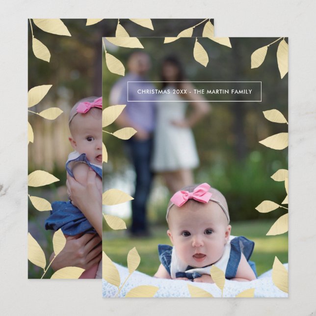 Cartes Pour Fêtes Annuelles Jolie Faux Gold Feuilles de Noël Photo (Devant / Derrière)